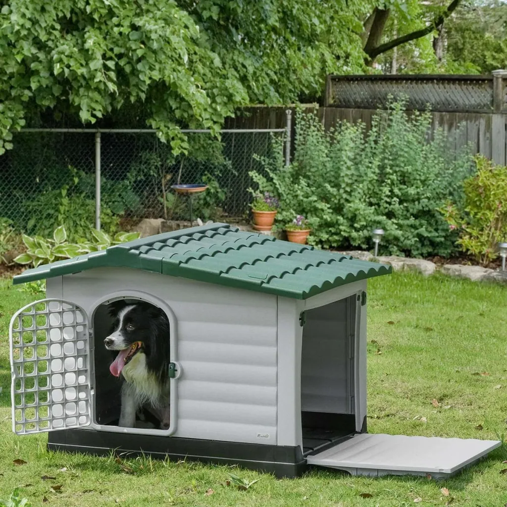 Outdoor Hundehütte Hundehaus Haustierzubehör Hundezubehör Tierbedarf mit Dachluke Tor Unterschlupf für mittelgroße Hunde