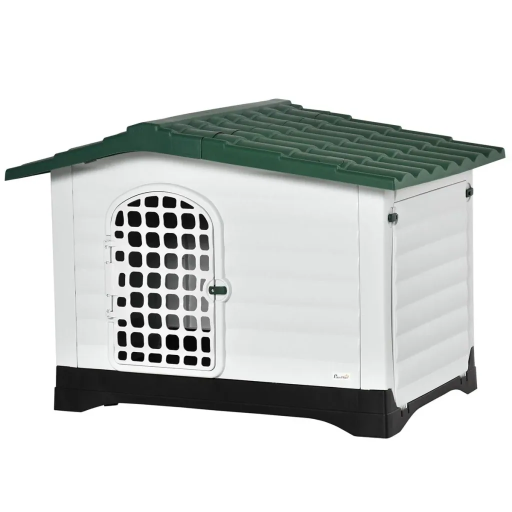 Outdoor Hundehütte Hundehaus Haustierzubehör Hundezubehör Tierbedarf mit Dachluke Tor Unterschlupf für mittelgroße Hunde