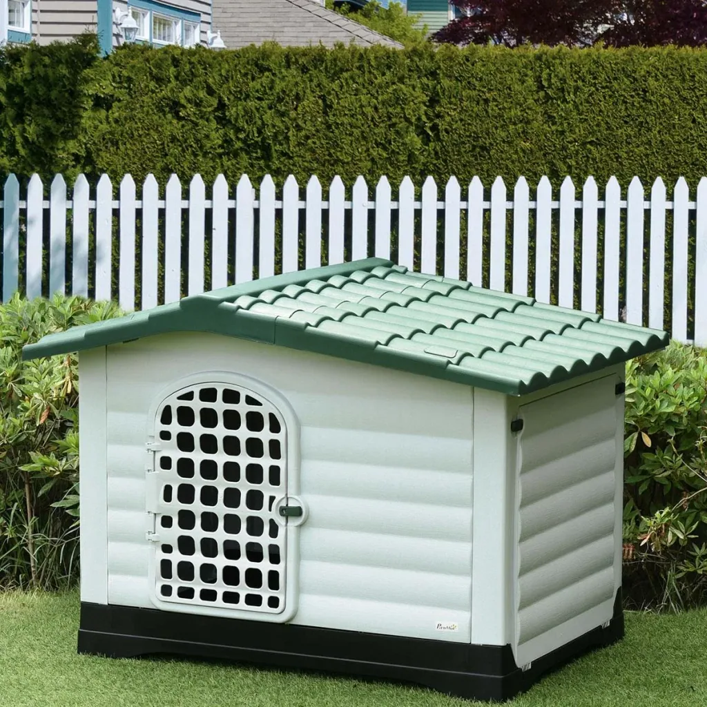Outdoor Hundehütte Hundehaus Haustierzubehör Hundezubehör Tierbedarf mit Dachluke Tor Unterschlupf für mittelgroße Hunde