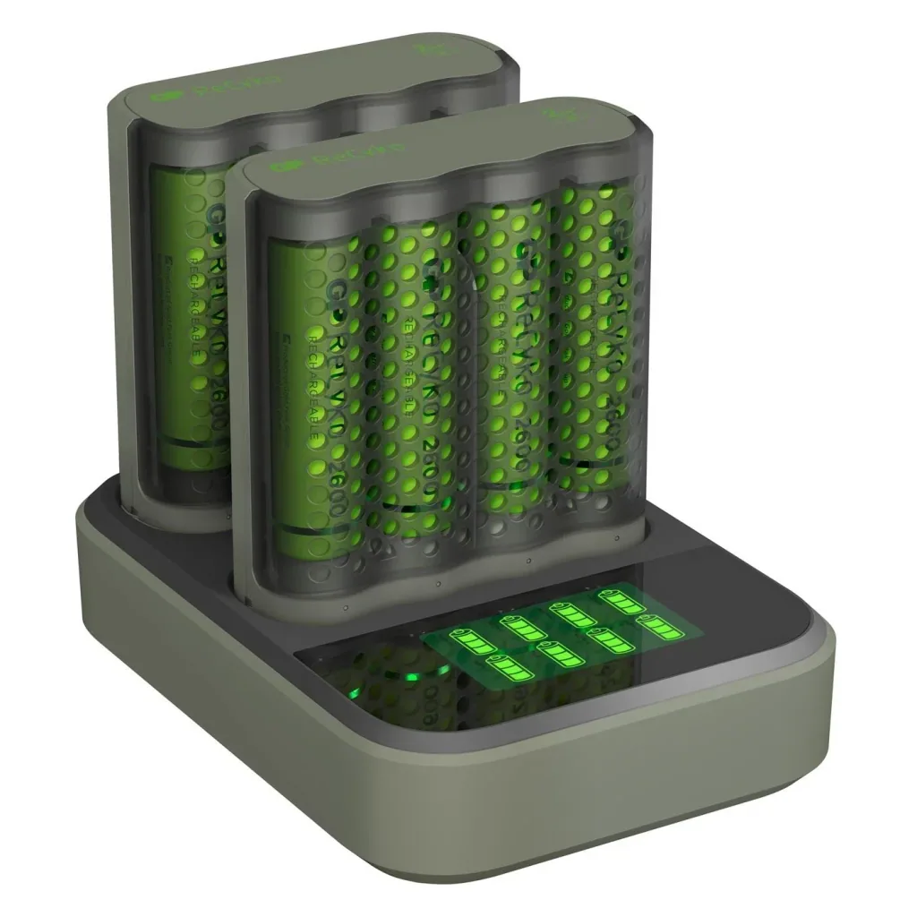 USB Schnellladegerät mit Docking Station, LCD Ladestandsdisplay für 4 AA / AAA NiMH Akkus inklusive 8 ReCyko (AA) 2600mA