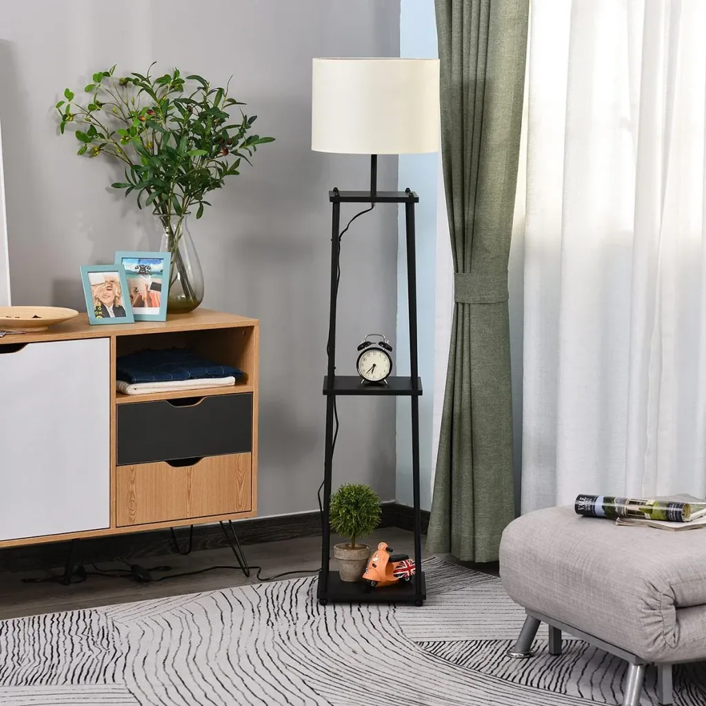 Stehlampe mit Ablagefläche Schwarz+Cremeweiß