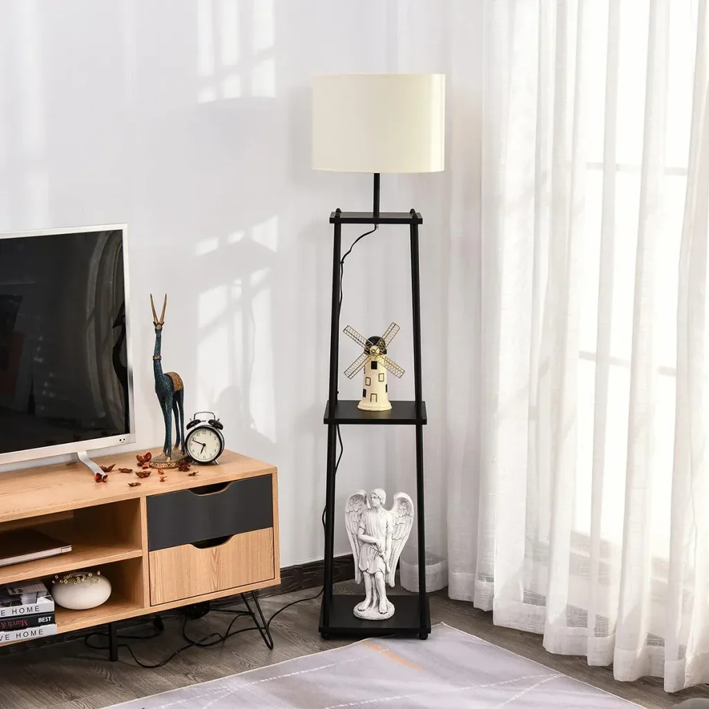 Stehlampe mit Ablagefläche Schwarz+Cremeweiß