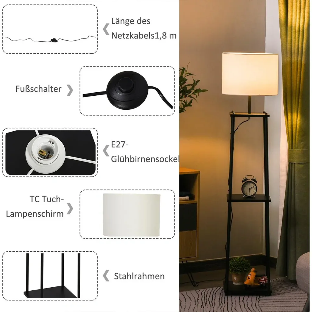 Stehlampe mit Ablagefläche Schwarz+Cremeweiß