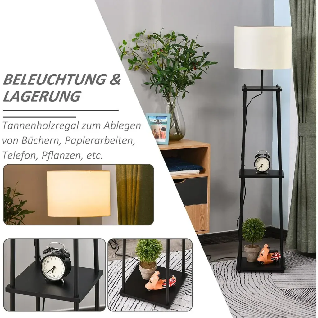 Stehlampe mit Ablagefläche Schwarz+Cremeweiß