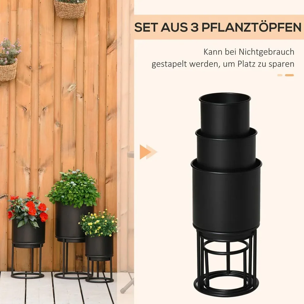 3er Set Blumenständer mit Blumentopf aus Metall Pflanzenständer Set Blumenhocker Blumentopfhalter Pflanzenhocker Schwarz