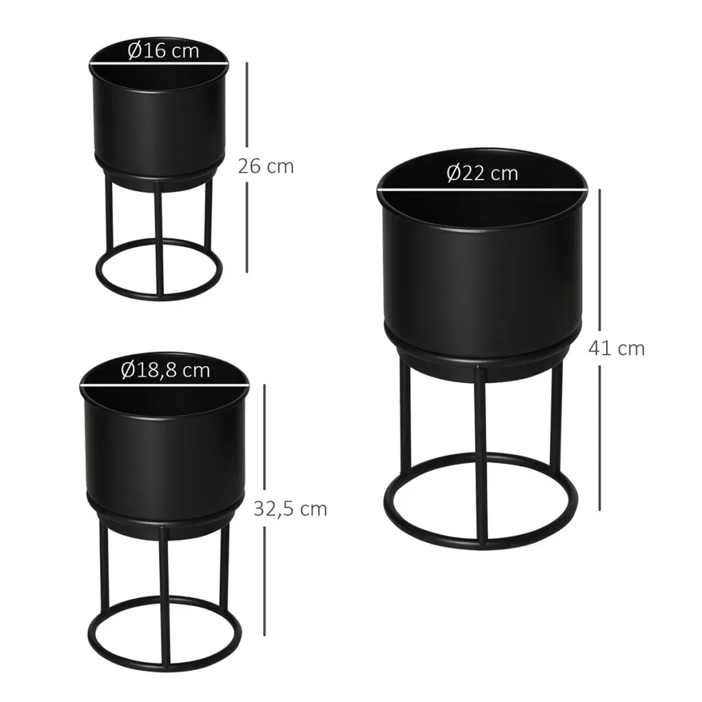 3er Set Blumenständer mit Blumentopf aus Metall Pflanzenständer Set Blumenhocker Blumentopfhalter Pflanzenhocker Schwarz
