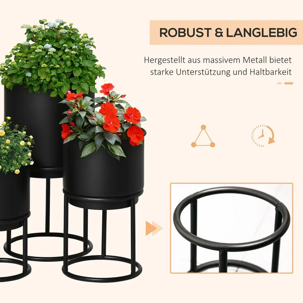 3er Set Blumenständer mit Blumentopf aus Metall Pflanzenständer Set Blumenhocker Blumentopfhalter Pflanzenhocker Schwarz