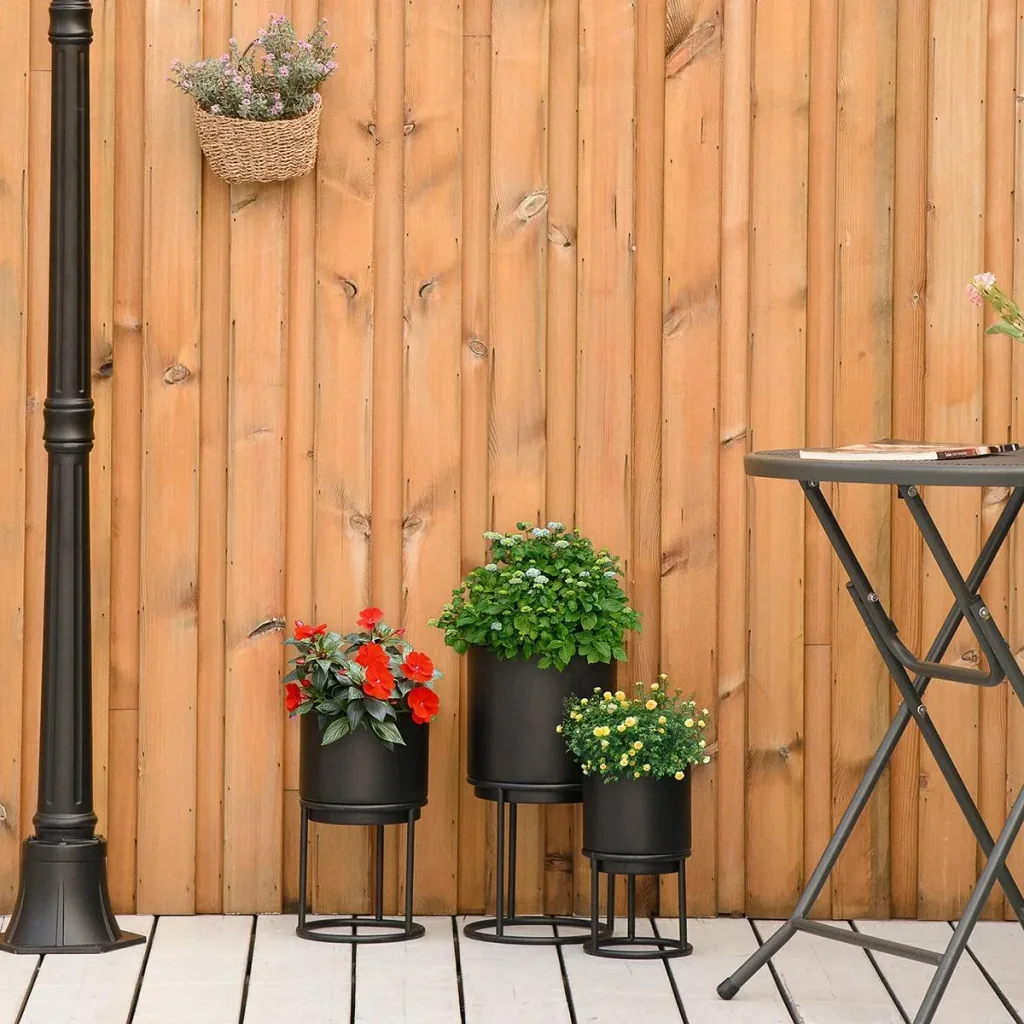 3er Set Blumenständer mit Blumentopf aus Metall Pflanzenständer Set Blumenhocker Blumentopfhalter Pflanzenhocker Schwarz