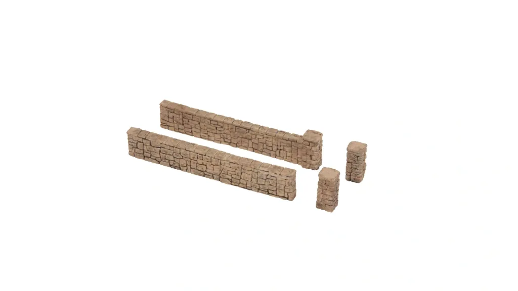 Gartenmauer, Mauerplatten, 12 Teile, Gesamtlänge 71 cm, Mauerhöhe 1,5 cm, Pfeilerhöhe 1,9 cm, Spur H0
