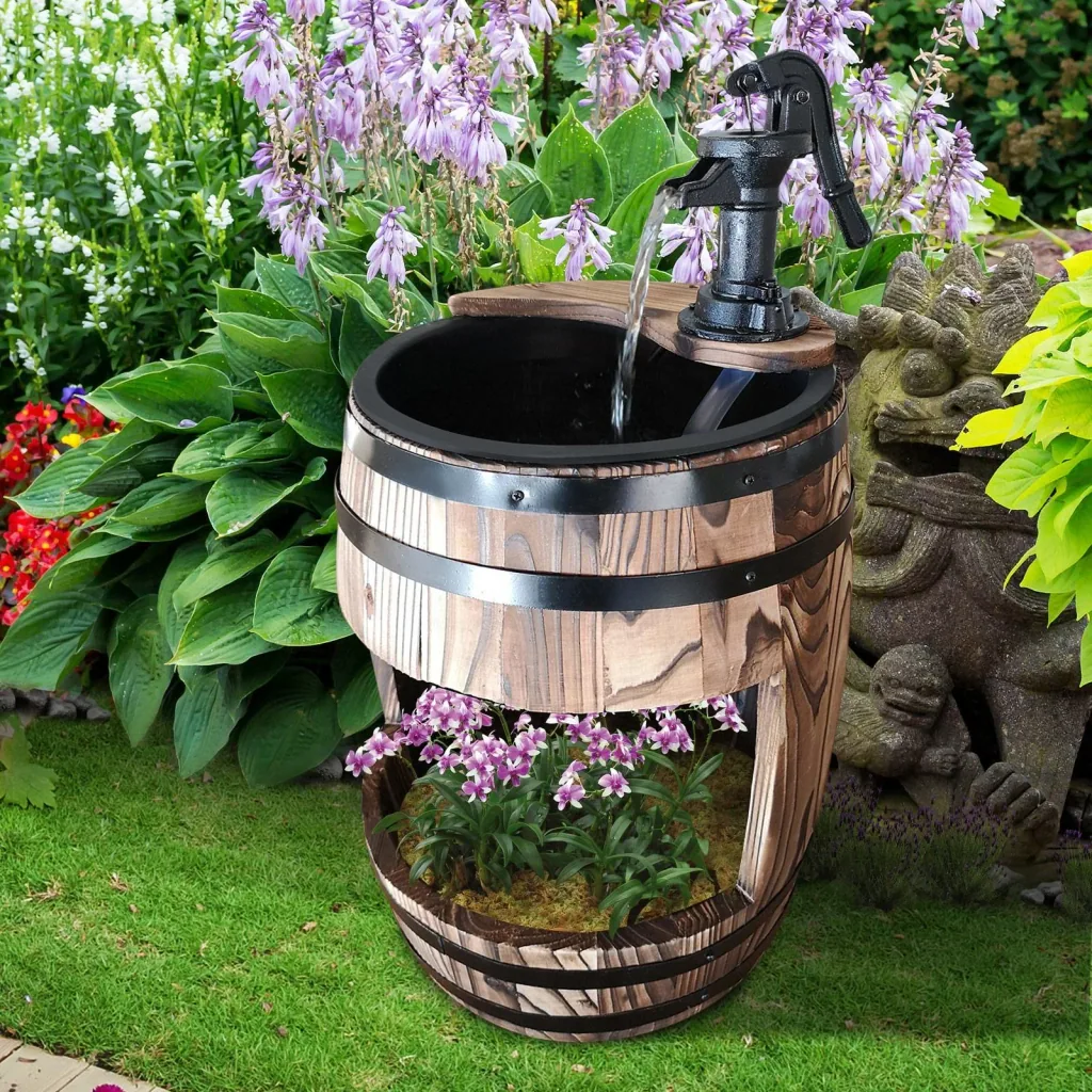 Gartenbrunnen Zierbrunnen Springbrunnen Wasserfall Holzfass mit Pflanzengefäß Dunkelbraun ?32 x 58,5 cm