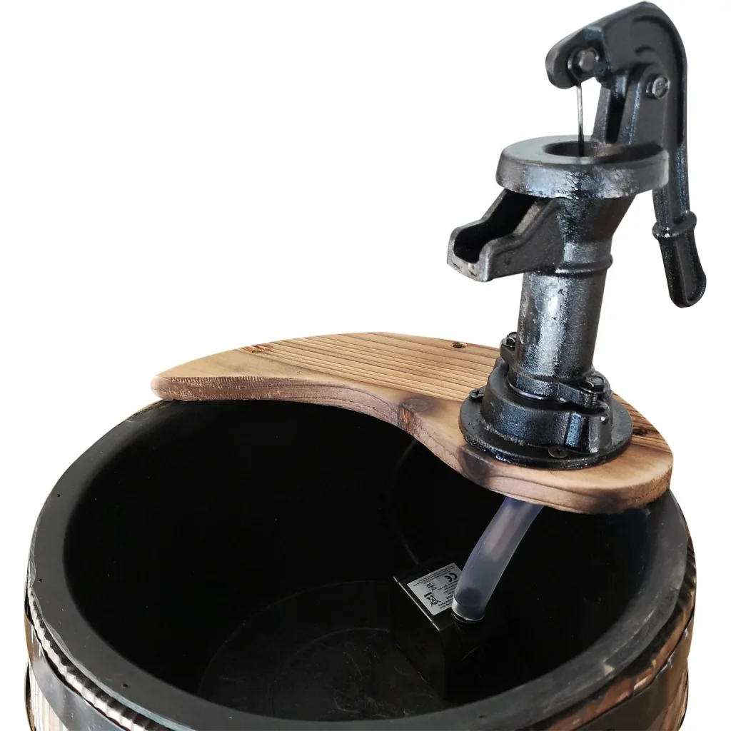Gartenbrunnen Zierbrunnen Springbrunnen Wasserfall Holzfass mit Pflanzengefäß Dunkelbraun ?32 x 58,5 cm