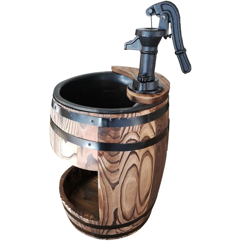 Gartenbrunnen Zierbrunnen Springbrunnen Wasserfall Holzfass mit Pflanzengefäß Dunkelbraun ?32 x 58,5 cm