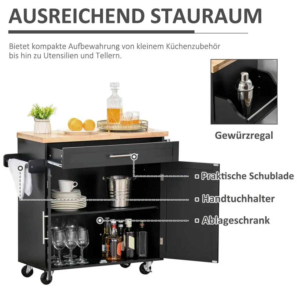 Küchenwagen rollbar Servierwagen Küchentrolley mit höhenverstellbaren Einlegeböden MDF Schwarz 109 x 40 x 89 cm