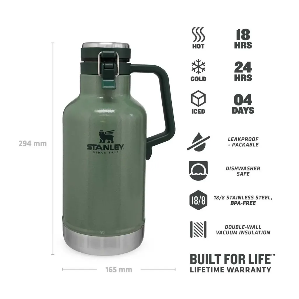 Classic Vakuum Beer Growler 1,9 l, 18/8 Stahl, Hammertone grün, doppelwandige Vakuumisolierung