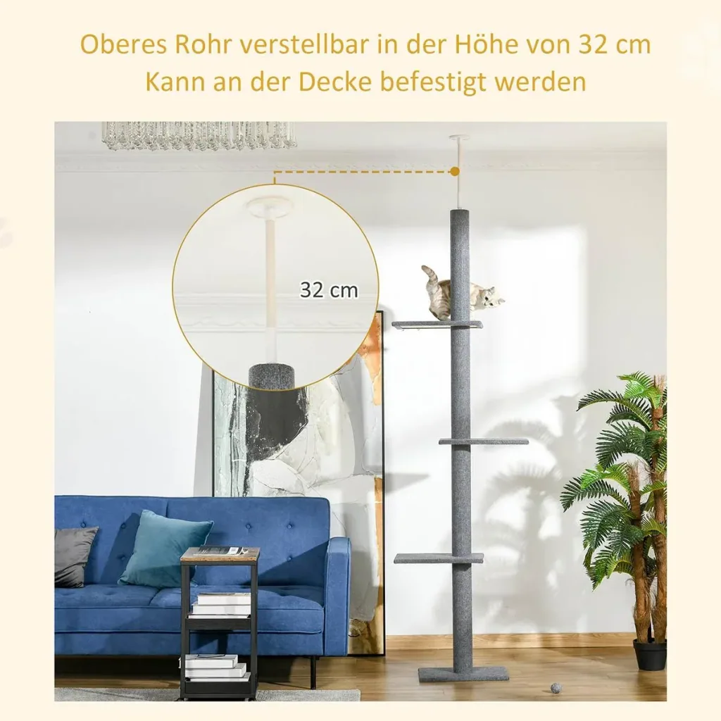 Kratzbaum Katzenbaum Kletterbaum für Katzen Höhenverstellbar Spielbaum Grau 43x27x228-260 cm