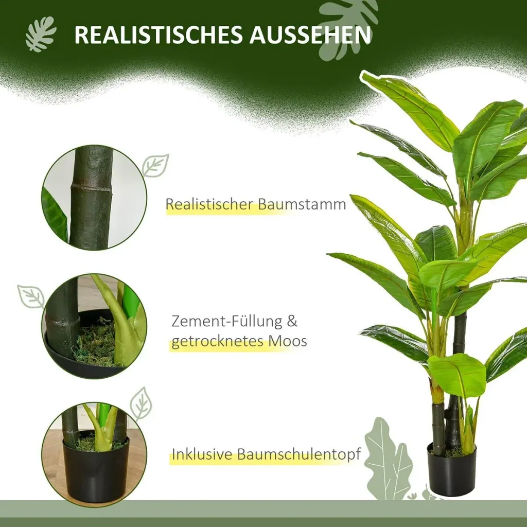 künstliche Pflanzen 150 cm künstlicher Bananen Baum Kunstpflanze Zimmerpflanze Dekopflanze Büropflanze Kunststofftopf fü