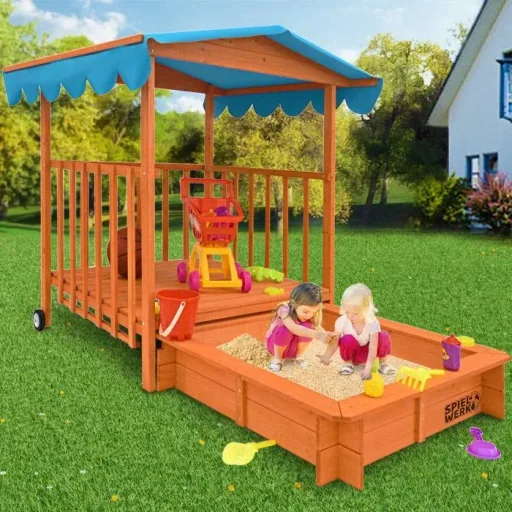 Sandkasten mit Spielhaus und Rollen - 130x130x143 cm - UV 50