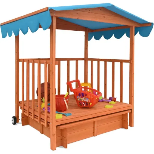 Sandkasten mit Spielhaus und Rollen - 130x130x143 cm - UV 50