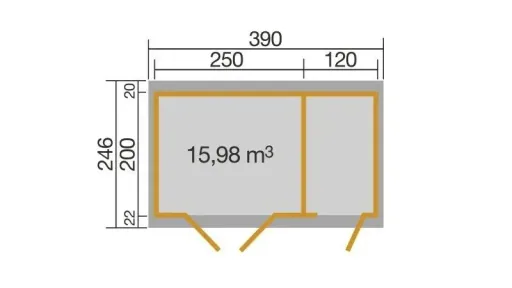 Gartenhaus 254 Gr.1, 394 x 246 x 222 cm hellgrau, 28 mm, Doppeltür, mit 2. Raum Einzeltür