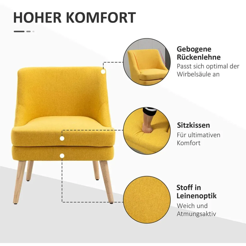 Esszimmerstuhl mit Armlehne Wohnzimmerstuhl Bürostuhl Polsterstuhl modern Leinen-Touch Holz Gelb 63 x 69 x 79,5 cm