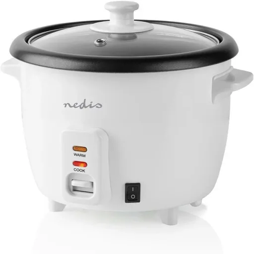 Nedis Reiskocher Abnehmbare Pfanne 1L Dämpfkorb Glasdeckel Inkl. Messbecher und Schöpflöffel 400W Weiß