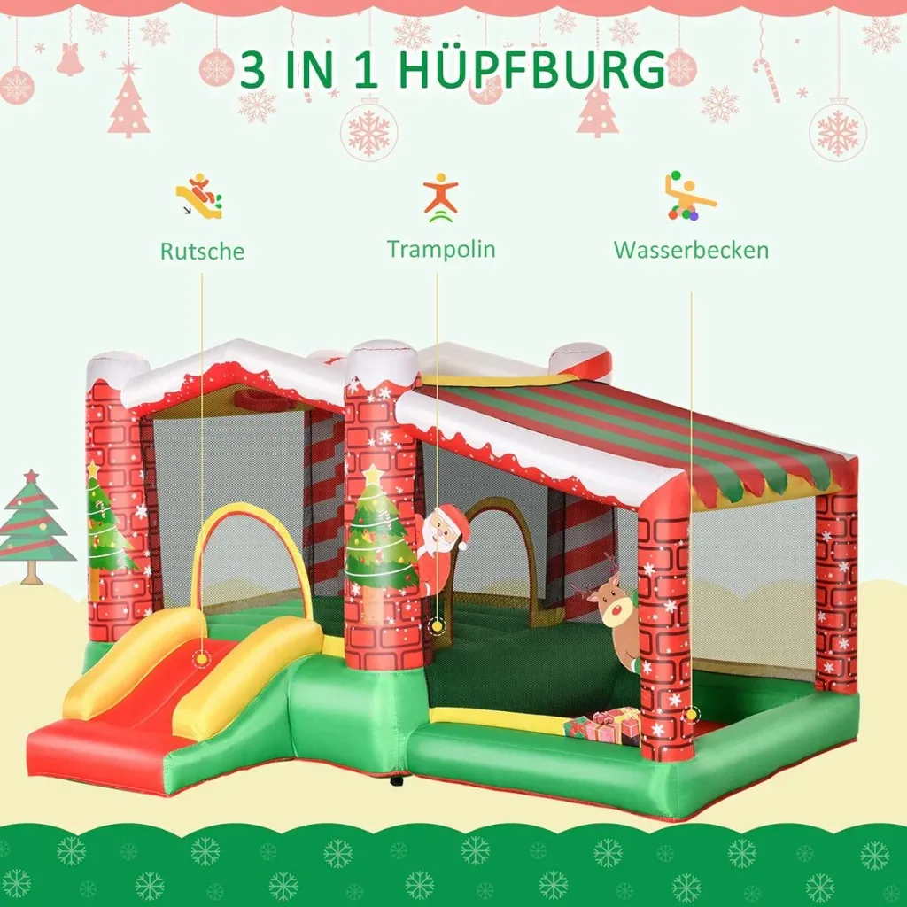 Weihnachten Aufblasbare Hüpfburg für 3 Kinder Springburg mit Gebläse für 3-8 Jahre Rot+Grün 325 x 270 x 175 cm