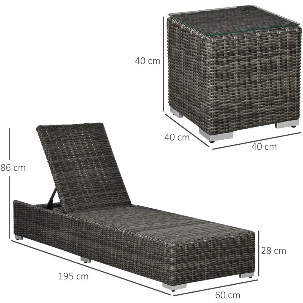 Poly-Rattan Sonnenliege 3-tlg. Gartenliege mit 6-Fach Verstellbarer Rückenlehne Beistelltisch Nackenkissen Gartenmöbel A