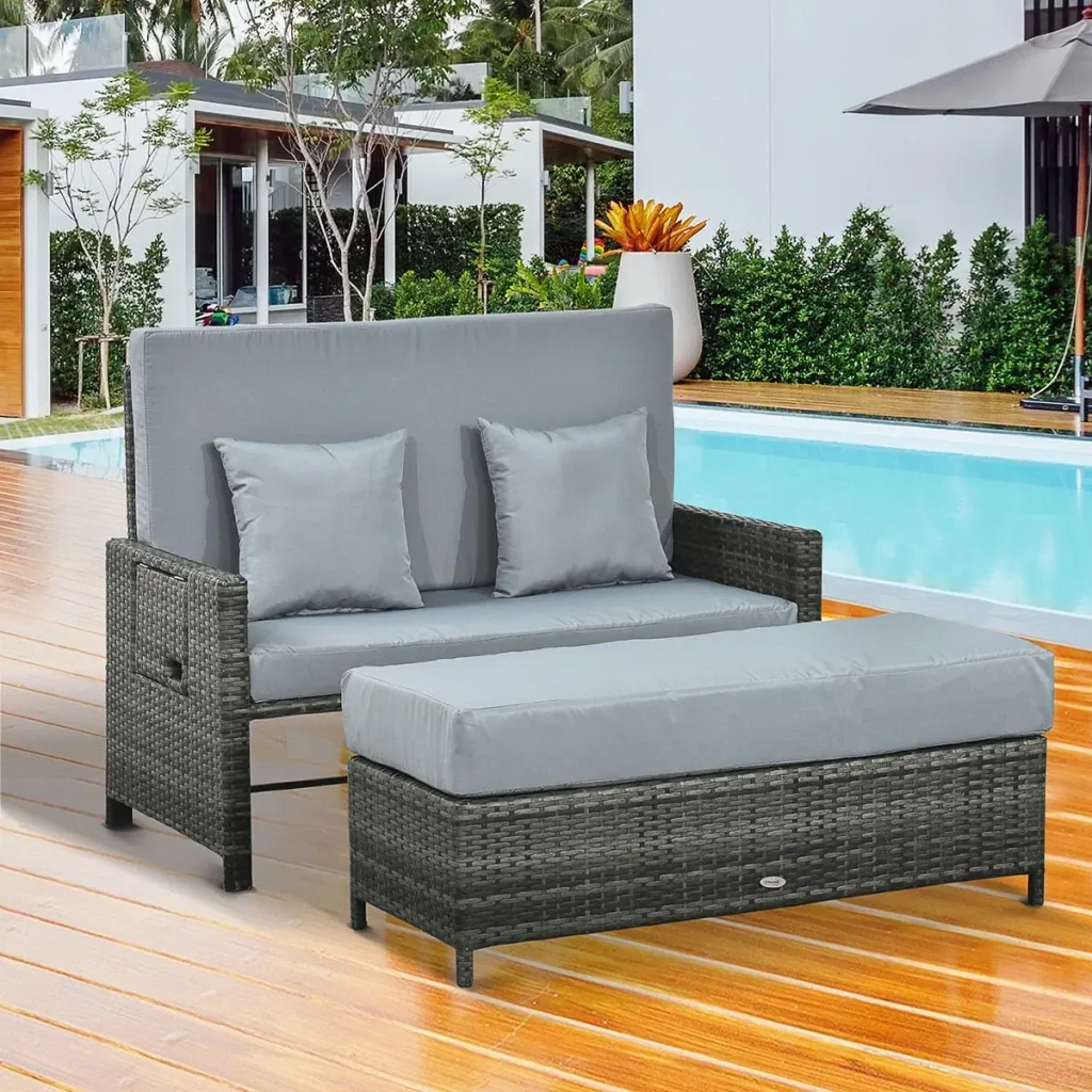 Polyrattan Lounge-Sofa Gartensofa Gartenliege 2-Sitzer mit Kissen Hocker Grau