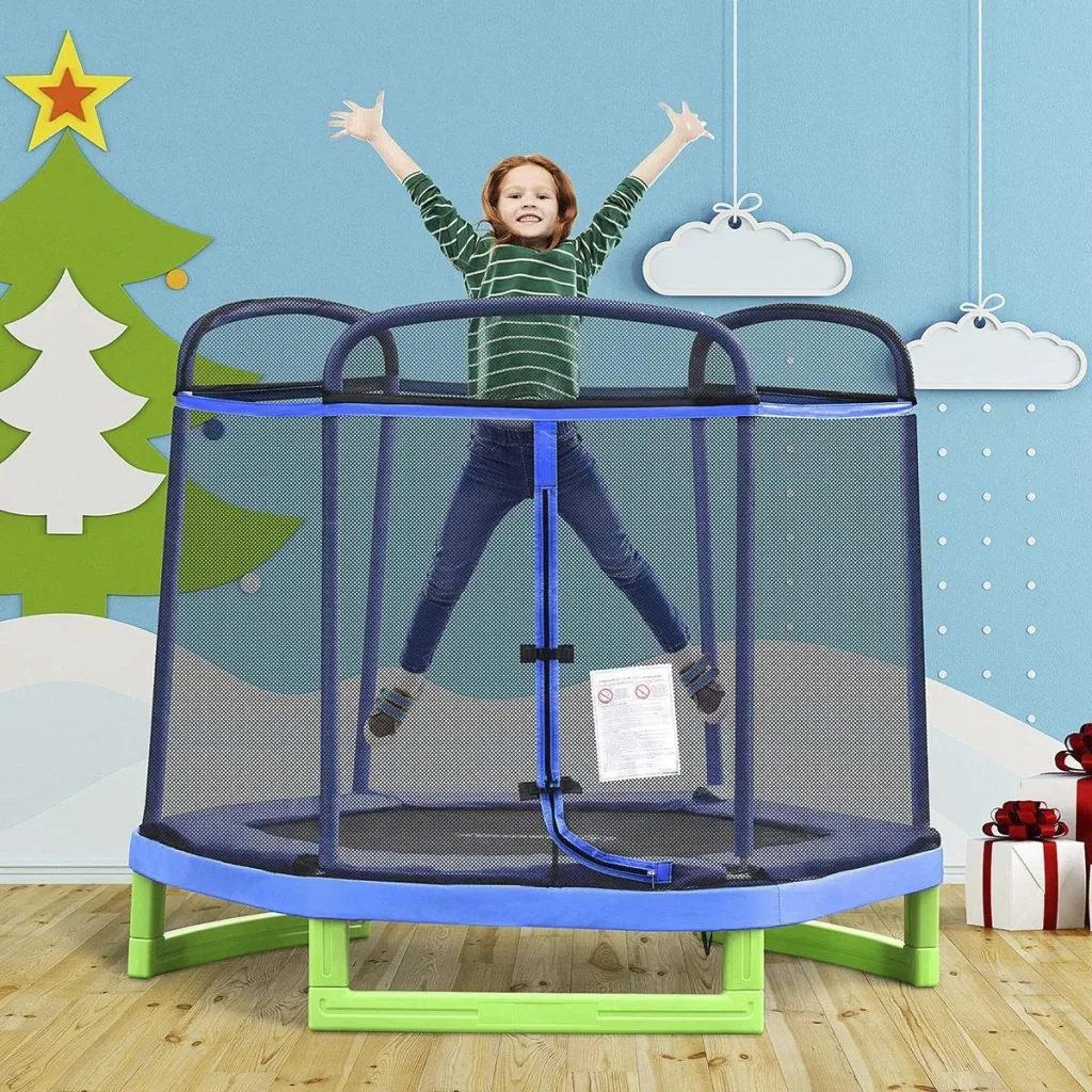 Kinder Trampolin mit Sicherheitsnetz Indoortrampolin Fitnesstrampolin für 3-12 Jahre Kinder bis 80 kg Stahl Blau+Grün 21