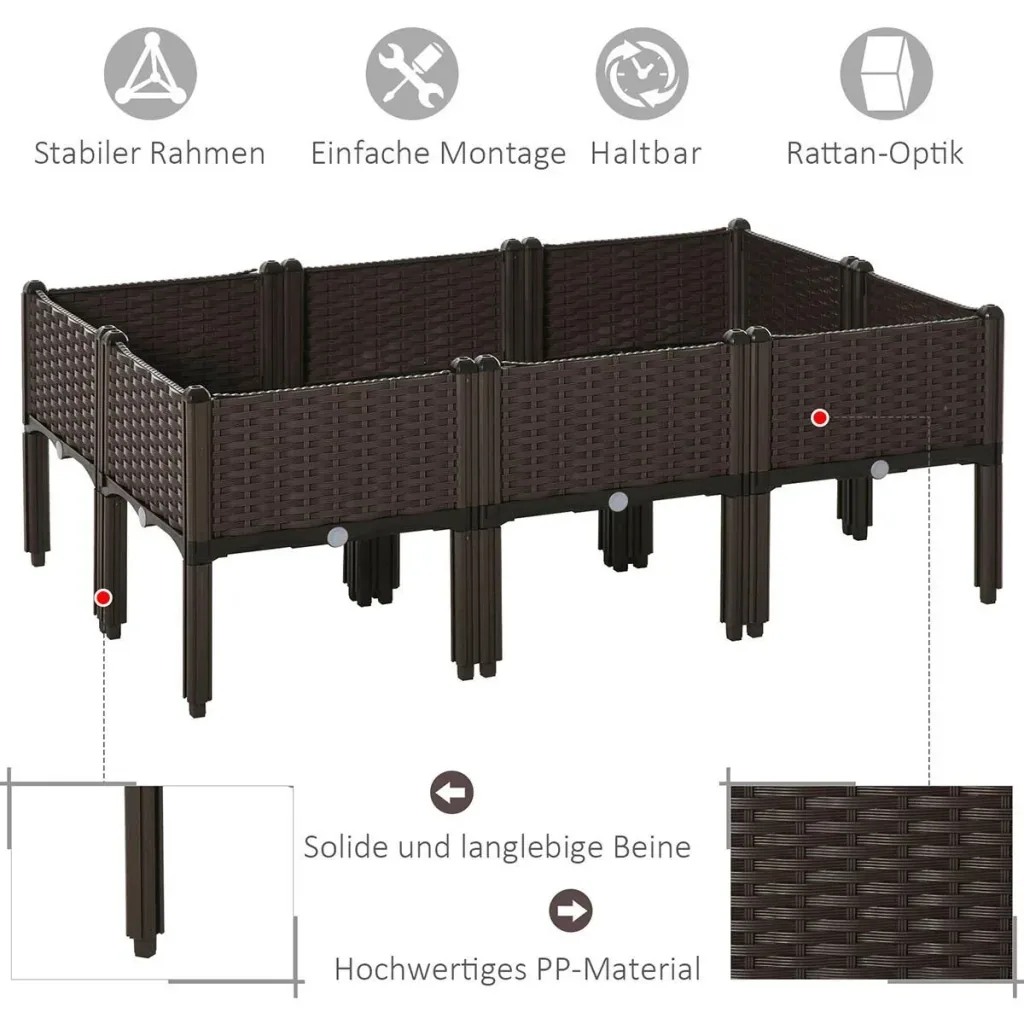Hochbeet 6-teiliger Pflanzkasten mit Abflusslöchern Rattan-Look Blumenkasten DIY Braun 40 x 40 x 44 cm