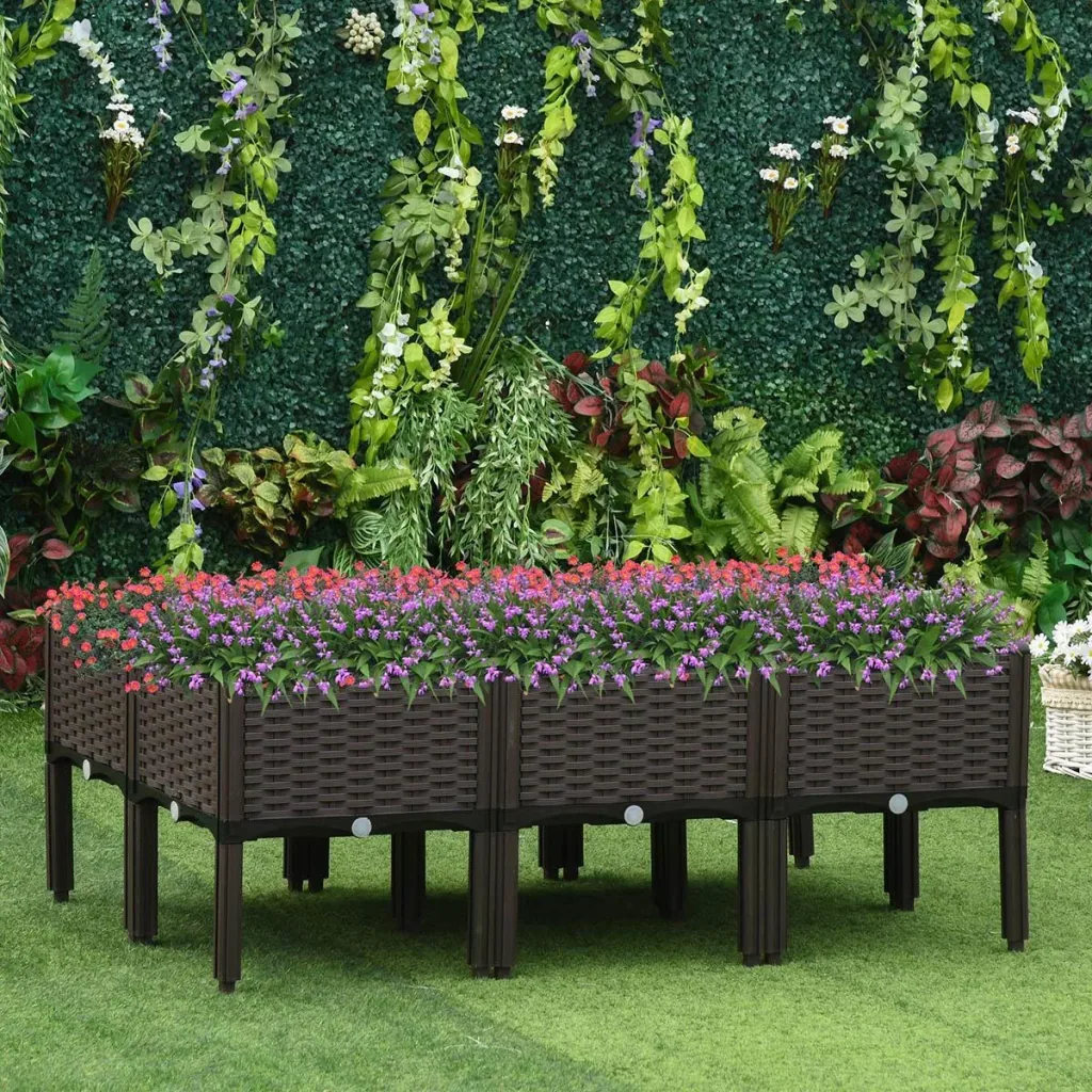 Hochbeet 6-teiliger Pflanzkasten mit Abflusslöchern Rattan-Look Blumenkasten DIY Braun 40 x 40 x 44 cm
