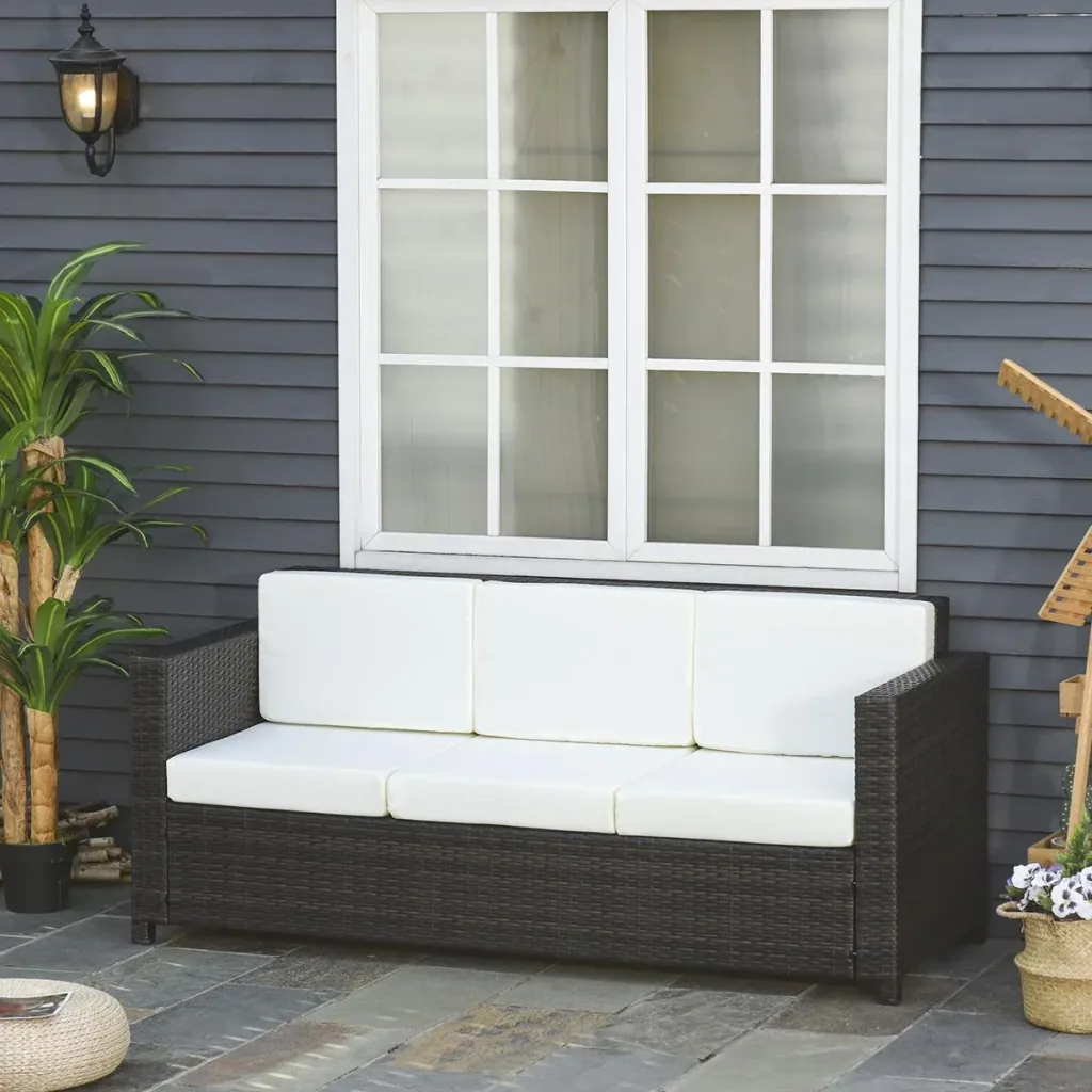 Poly-Rattan Sofa mit Kissen 3-Sitzer Garten Loungesofa Metall Polyester Braun+Weiß 185 x 70 x 80 cm
