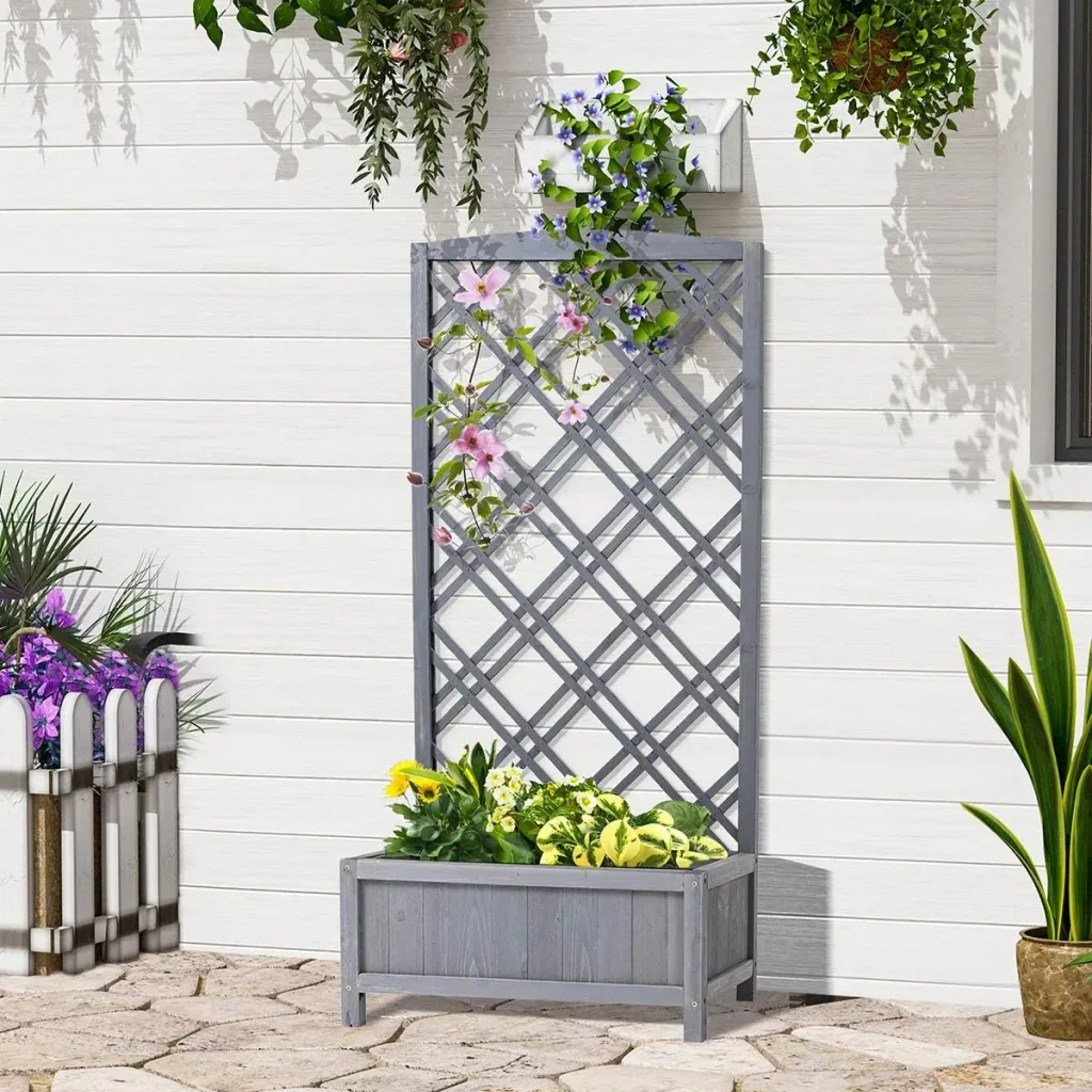 Pflanzkasten Blumenständer Rankgitter Rankkasten Rosenbogen Garten Holz Grau 60 x 30 x 122,5 cm
