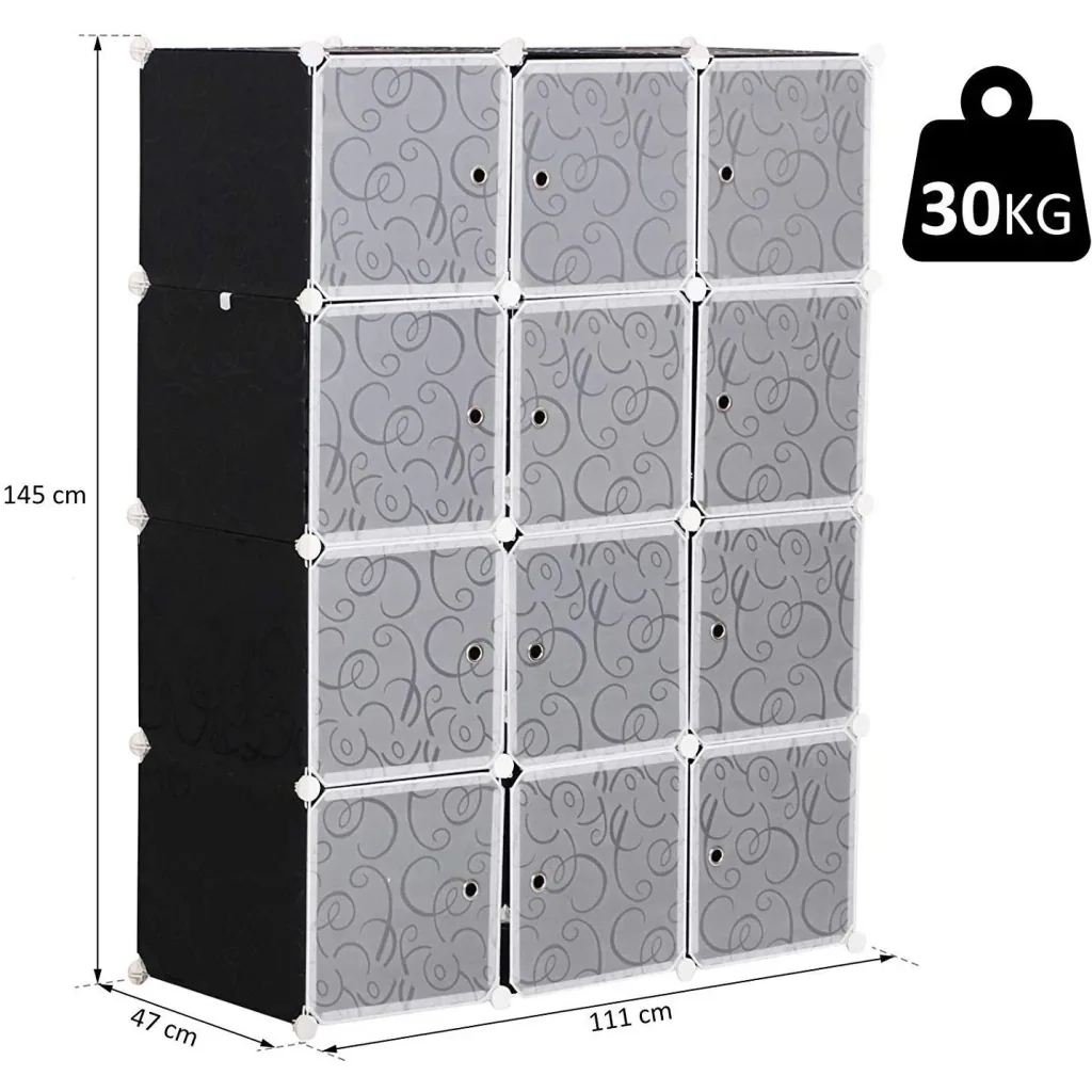 Kleiderschrank Garderobe Garderobenschrank Regalsystem mit Kleiderstange 2+6 Würfel aus PP Schwarz+Weiß 111x47x145 cm