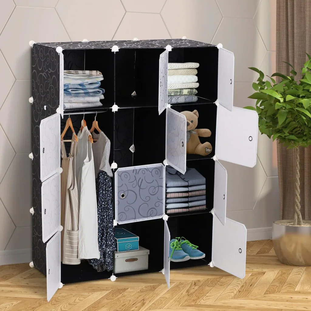 Kleiderschrank Garderobe Garderobenschrank Regalsystem mit Kleiderstange 2+6 Würfel aus PP Schwarz+Weiß 111x47x145 cm
