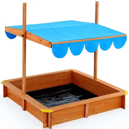 Sandkasten mit Sonnenschirm - Sandkasten mit verstellbarem Dach - 120x120cm, Blau