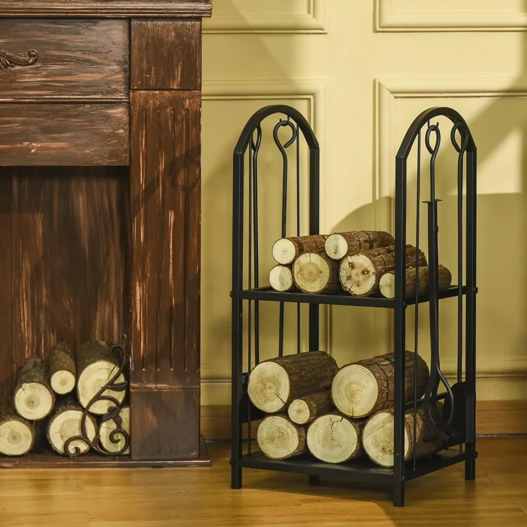 kaminholzregal Kaminholzständer Brennholzregal mit 4 zusätzlichen Brennholzwerkzeugen Kaminbesteck 2-Ebenen-Design Feuer
