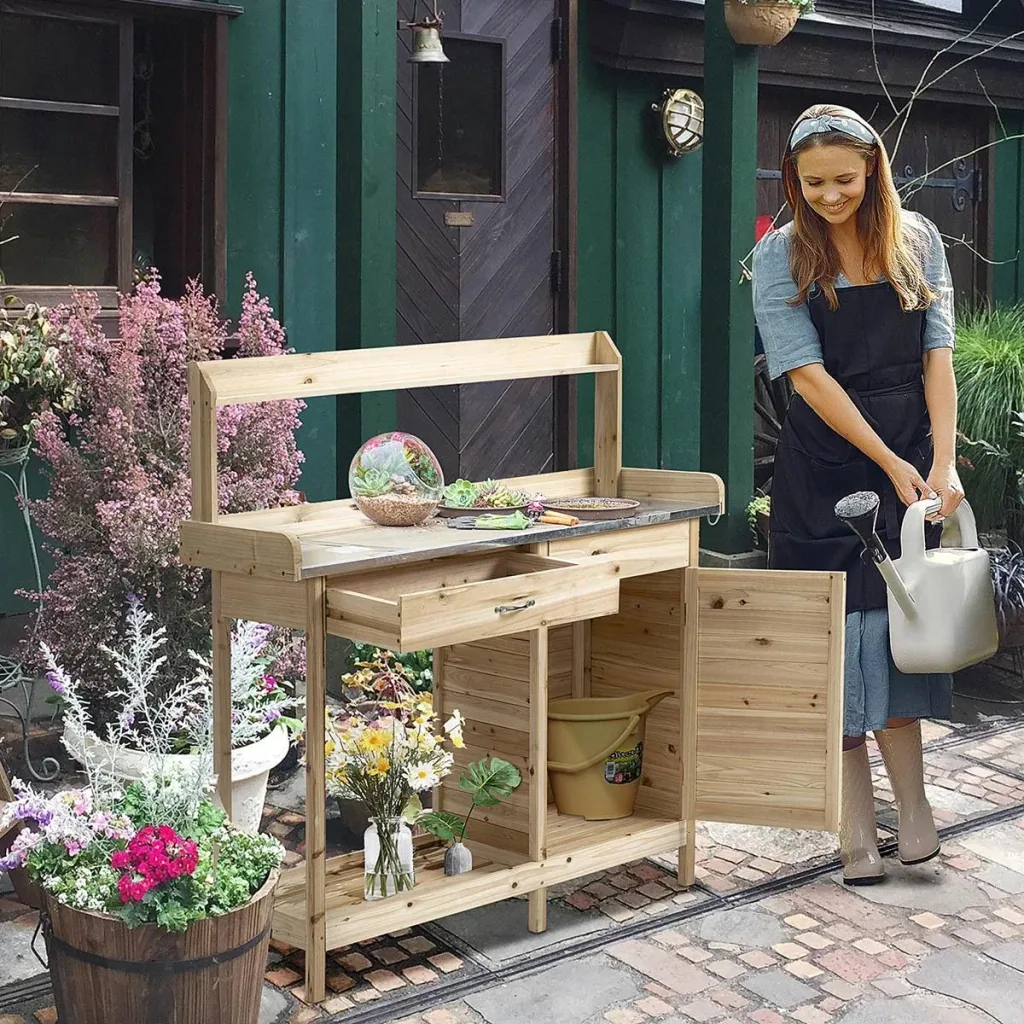 Pflanztisch mit verzinkter Arbeitsplatte Gärtnertisch mit Schublade Schrank Garten Arbeitstisch Massivholz Natur 112 x 4