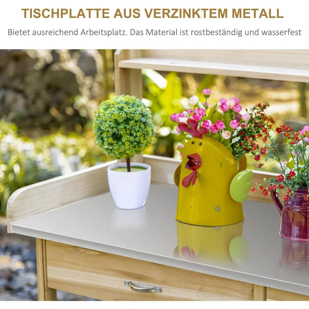 Pflanztisch mit verzinkter Arbeitsplatte Gärtnertisch mit Schublade Schrank Garten Arbeitstisch Massivholz Natur 112 x 4