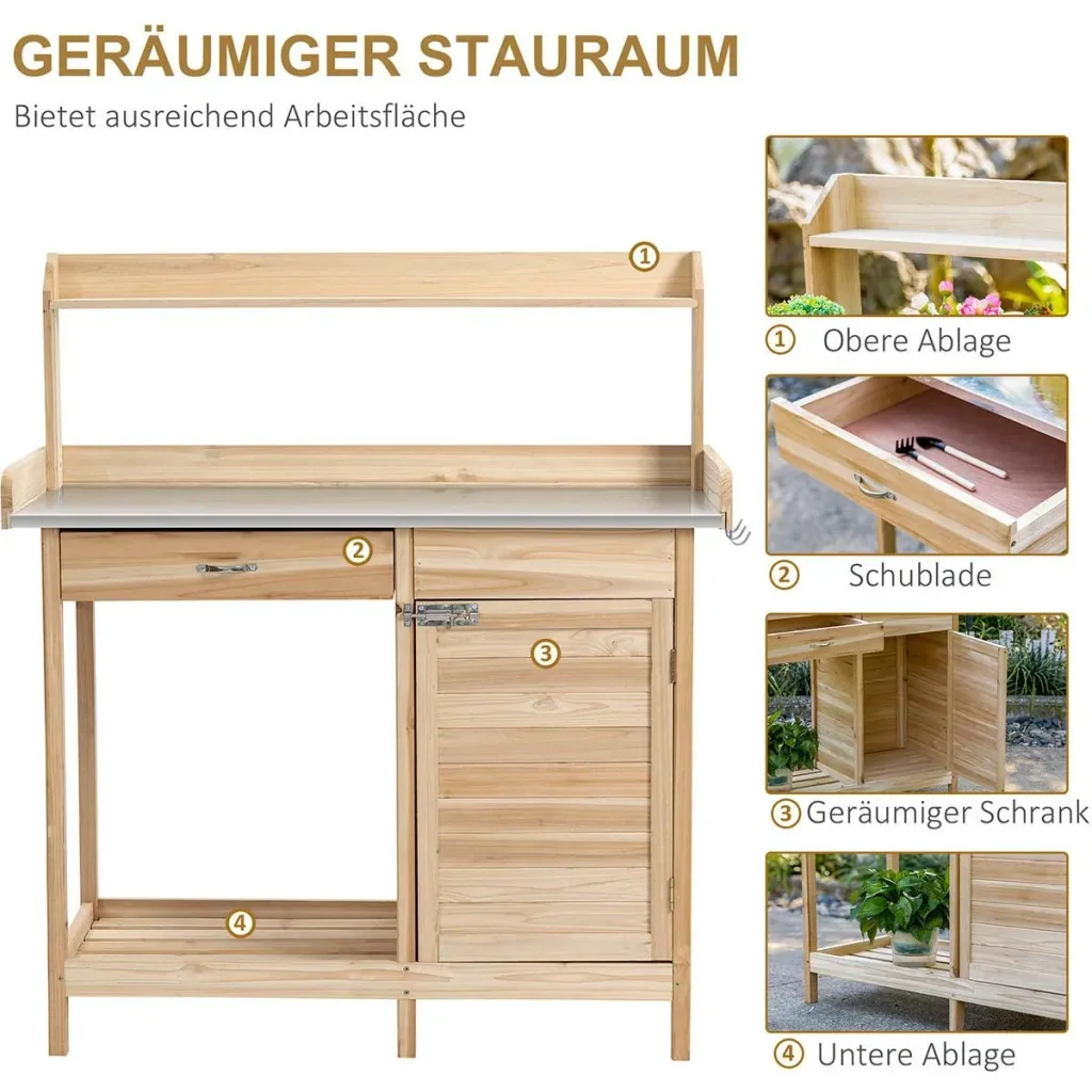 Pflanztisch mit verzinkter Arbeitsplatte Gärtnertisch mit Schublade Schrank Garten Arbeitstisch Massivholz Natur 112 x 4
