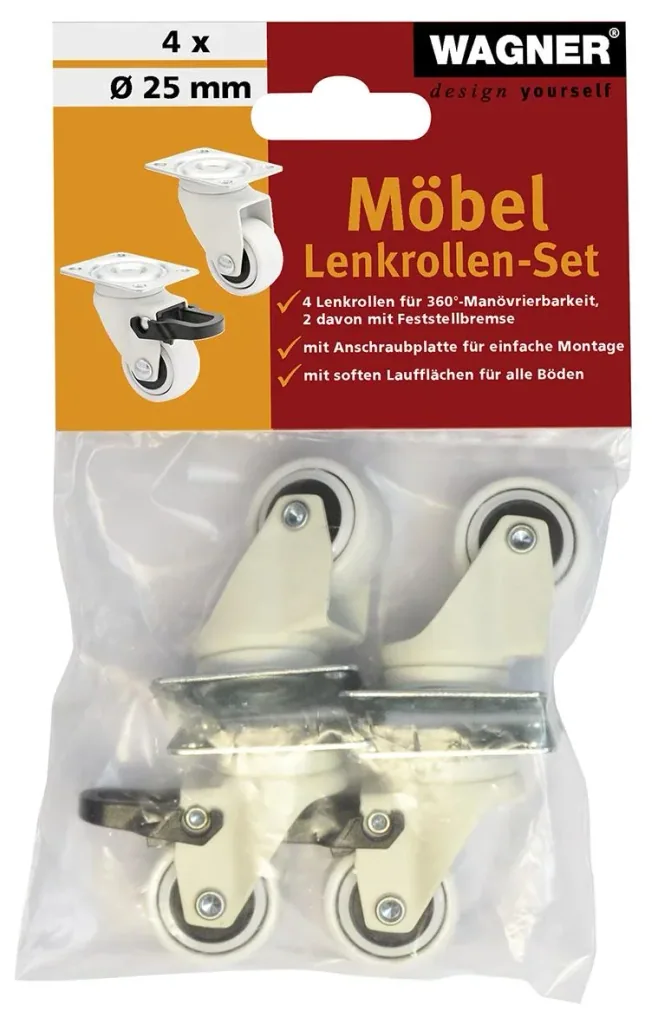 Design 3C Lenkrollen 4 teiliges Set - Ø 25 mm, soft, weiß, 2 Rollen mit & 2 ohne Feststeller, Tragkraft 12 kg / Rolle