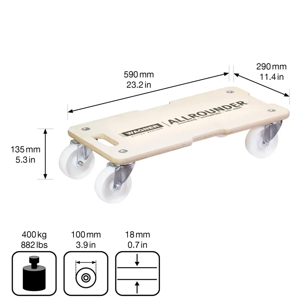 Transporthilfe MM 1326, 59 x 29 x 13,5 cm, harte Rollen Ø 100 mm, Rollenlager, Multiplex Birke FSC®, Tragkraft 400 kg