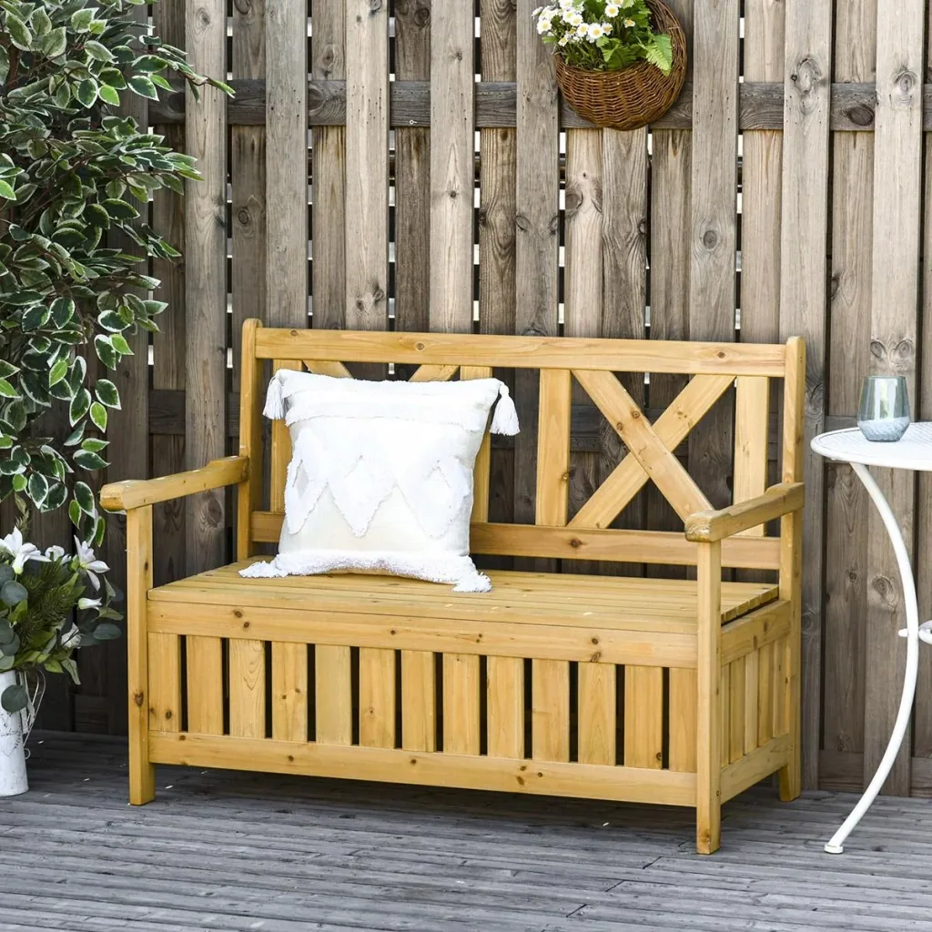 2-Sitzer Sitzbank mit Stauraum Gartenbank Holzbank Bank mit Armlehnen Massivholz Gelb 115 x 61 x 85 cm