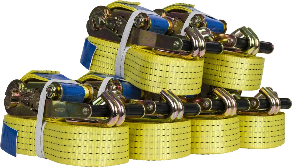 Zurrgurte mit Ratsche - 7-teiliges Set, 50 mm Gurtbreite, 2500/5000 daN, Festende 0,3 m / Losende 7,7 m lang, Spitzhaken