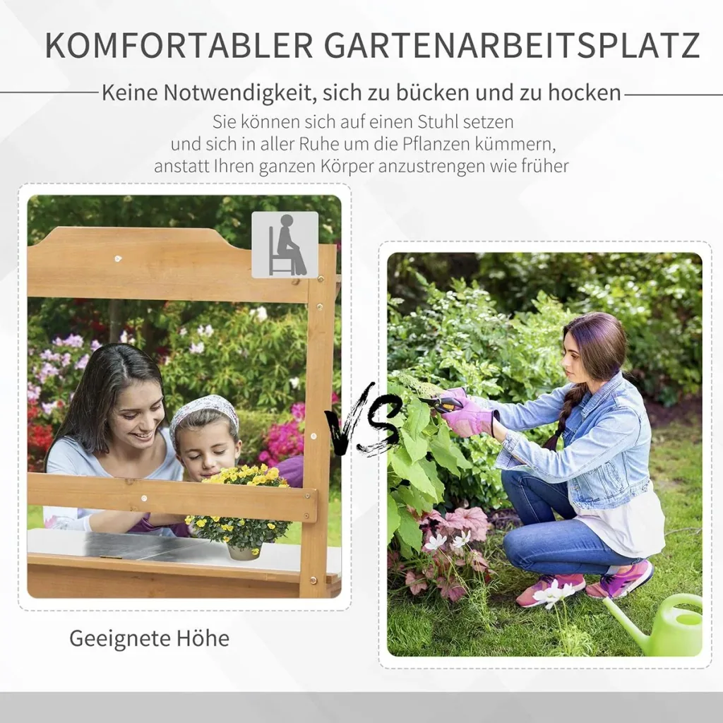 Pflanztisch mit verzinkter Arbeitsplatte Gärtnertisch für Garten Balkon und Terrasse mit Ablage Blumenregal Blumenstände