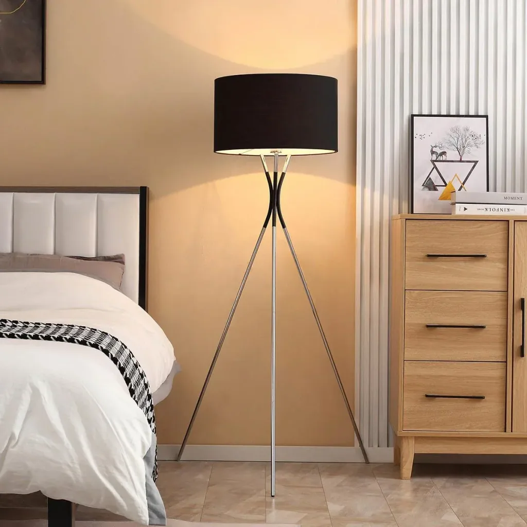 Stehlampe Wohnzimmer Tripod Stehleuchte 40W moderne Standleuchte mit E27 Fassung Stoffschirm Metallfuß für Schlafzimmer