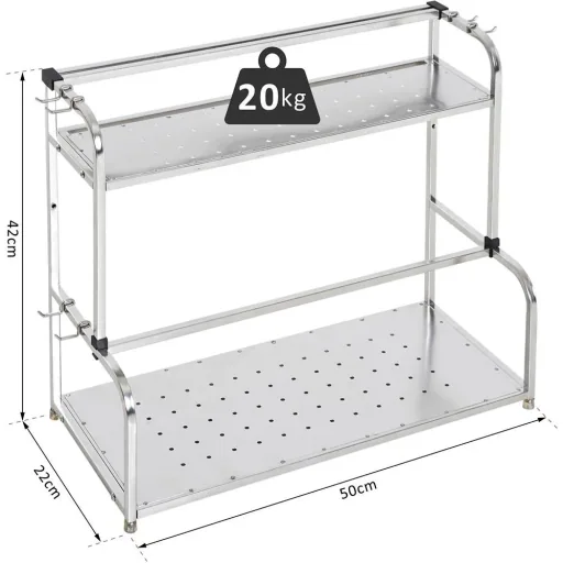 Küchenregal Standregal Wandregale 2 Ablagen mit 6 Haken Multifunktions Edelstahl Silber L50 x B22 x H42cm