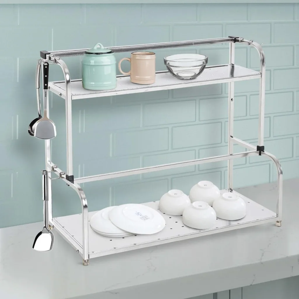 Küchenregal Standregal Wandregale 2 Ablagen mit 6 Haken Multifunktions Edelstahl Silber L50 x B22 x H42cm