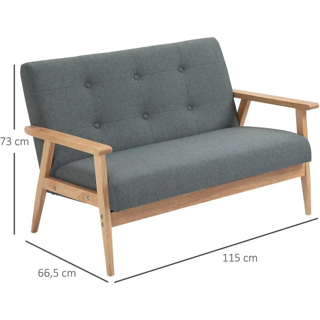 2 Sitzer Sofa Zweisitzer Stoffsofa Doppelsofa Polsterung Loveseat kompaktes Design Leinen Gummiholz Grau 115 x 66,5 x 73