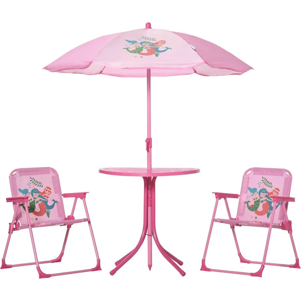 4 Stück Kindermöbel Set Gartentisch 2 Klappstühle Sonnenschirm Camping Kindersitz Set Gartenmöbel für 3-6 Jahre rosa